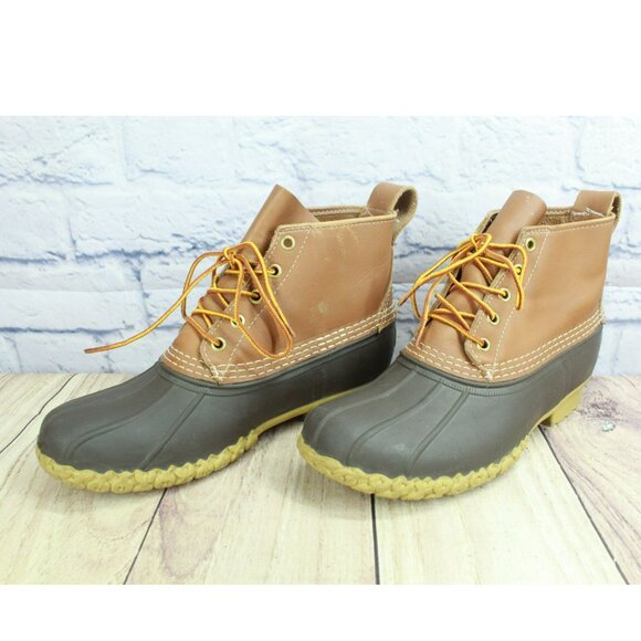 LL Bean Brown Leather Lace Up Round Toe Unlined Ankle Duck Boots Size 9 M - Picture 2 of 10
